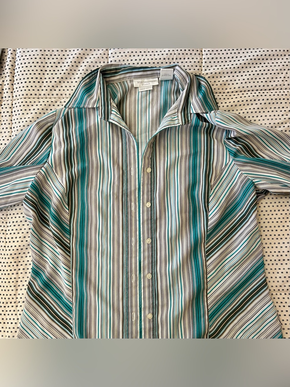Women’s Teal and White Striped Button-Up Shirt
